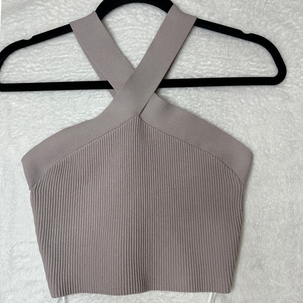 Babaton Sculpt Knit Top Women Medium Taupe Criss Cross Halter Ribbed 0961
